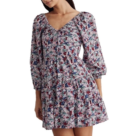 Madewell Boho Purple Midi 3/4 Sleeve Dress | Floral Flattering Neckline Size 2 - Picture 6 of 10
